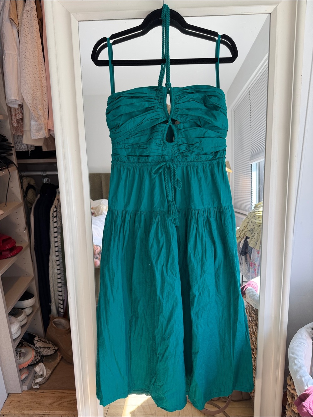 Ulla Johnson Teal Midi Sundress with Tie-Front Bodice